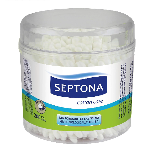 SEPTONA COTTON BUDS in a round plastic drum with lid and label SEPTONA REGULAR #200 3528/0007