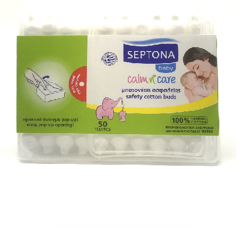 SEPTONA SAFETY COTTON BUDS in a rectangular plastic P/P box with Pop-Up lid and label #50 603-1360/0001