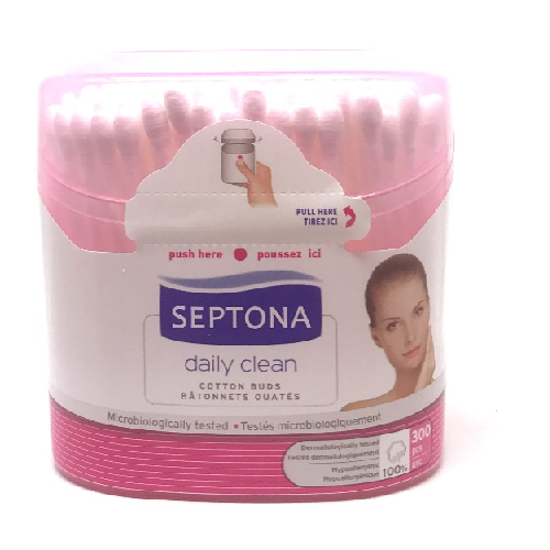 SEPTONA COTTON BUDS in a round plastic drum with PINK DECORATIVE lid and label  #300 9577-9511/395-0005