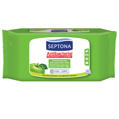 SEPTONA ANTIBACTERIAL REFRESHING WET WIPES GREEN APPLE in a blue laminated bag #60 1202-2777