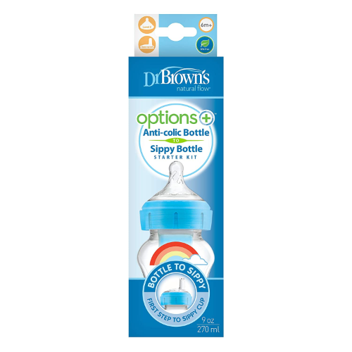 9 oz/270 ml PP Wide-Neck Options+ Blue Rainbows Bottle w/ Sippy Spout (+L3 Nipple in Bottle). 1-Pack