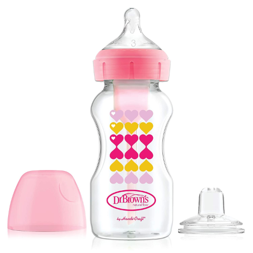 9 oz/270 ml PP Wide-Neck Options+ Pink Hearts Bottle w/ Sippy Spout (+L3 Nipple in Bottle). 1-Pack