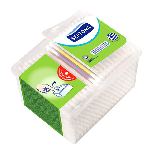 SEPTONA SAFETY COTTON BUDS in a rectangular plastic P/P box with Pop-Up lid and label #50 603-1360/0001