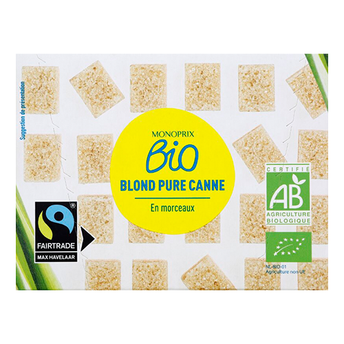 Monoprix Bio pure cane sugar in pieces 500g package.