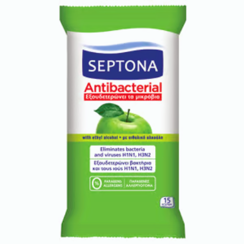 SEPTONA REFRESHING WET WIPES GREEN APPLE in a green laminated bag #15  1200-2004