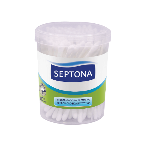 SEPTONA COTTON BUDS in a round plastic drum with lid and label SEPTONA REGULAR #100 504-3504/0016